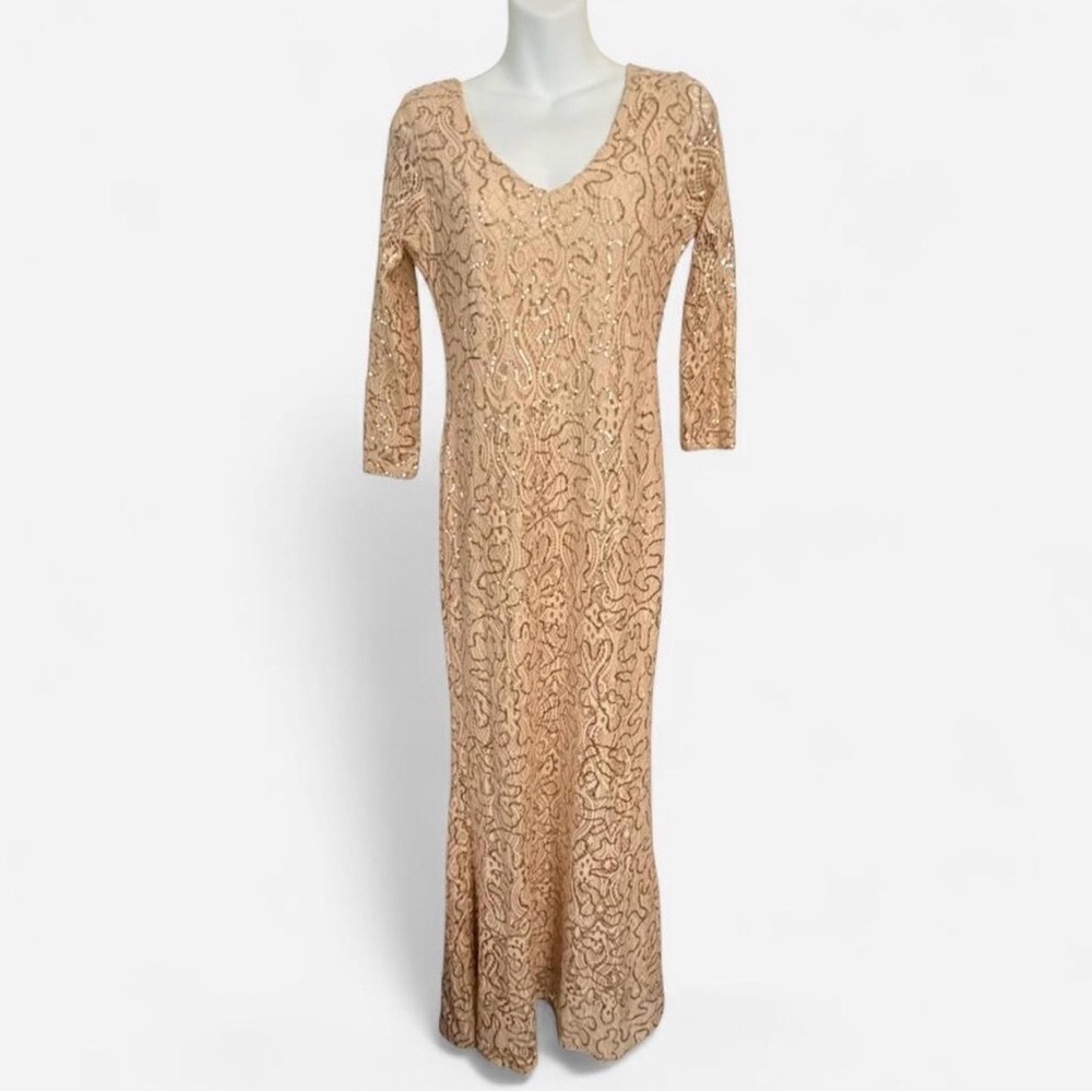 Marina Elegant Sequin 3/4 Sleeve V-Neck Evening Dress in Nude, Size 6